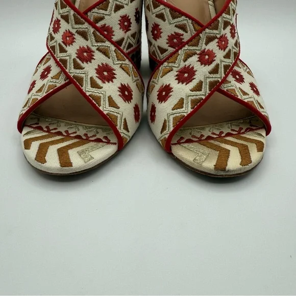 ASH Red Aztec Embroidered Padded Adel Round Toe Block Heel Slip On Heeled Sandal - Picture 10 of 16
